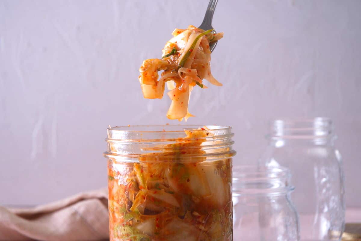 Kimchi on a fork over a jar.
