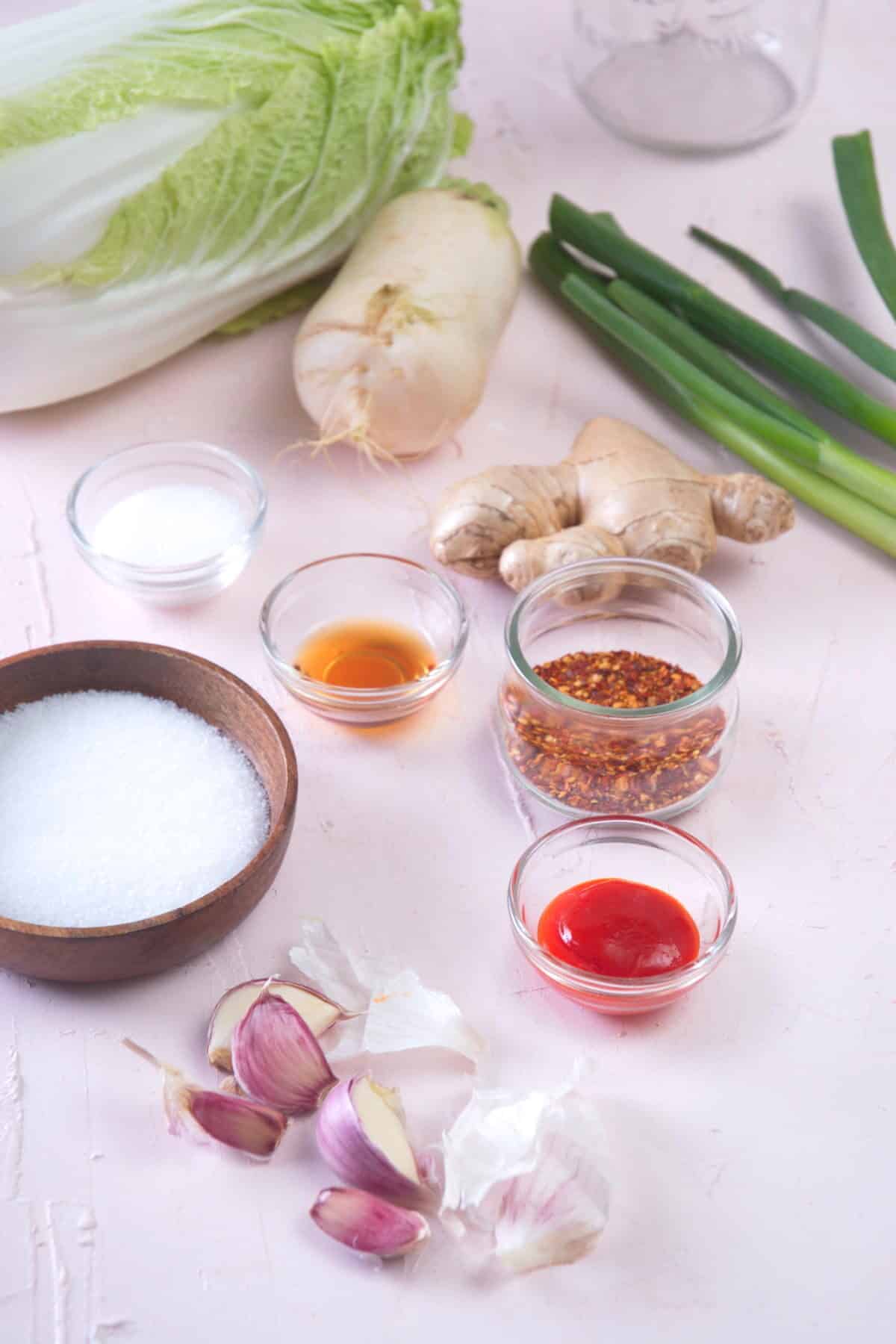 Kimchi ingredients prepped on white background.
