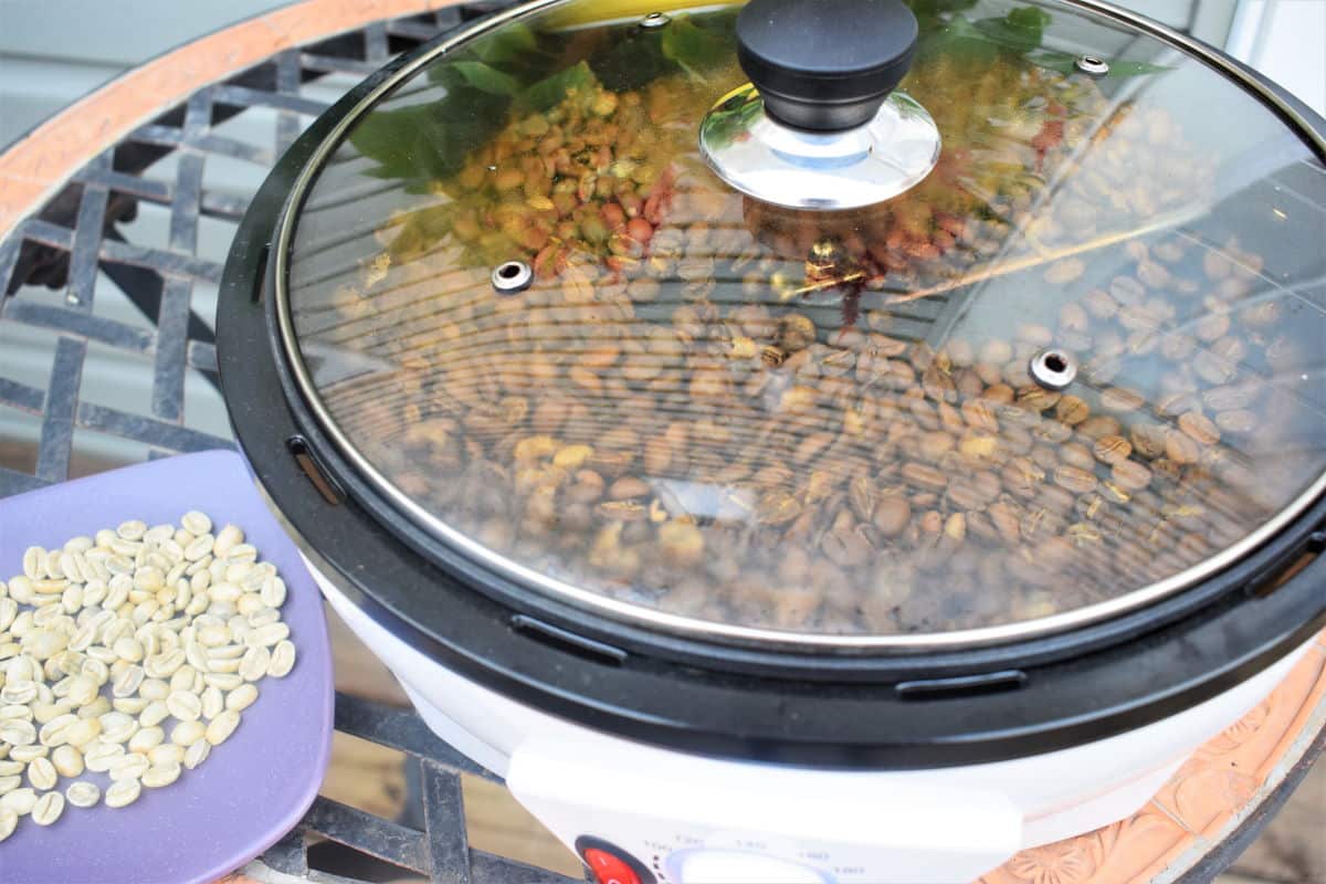 Coffee roaster with brown coffee beans. A purple plate of green coffee beans on the side.