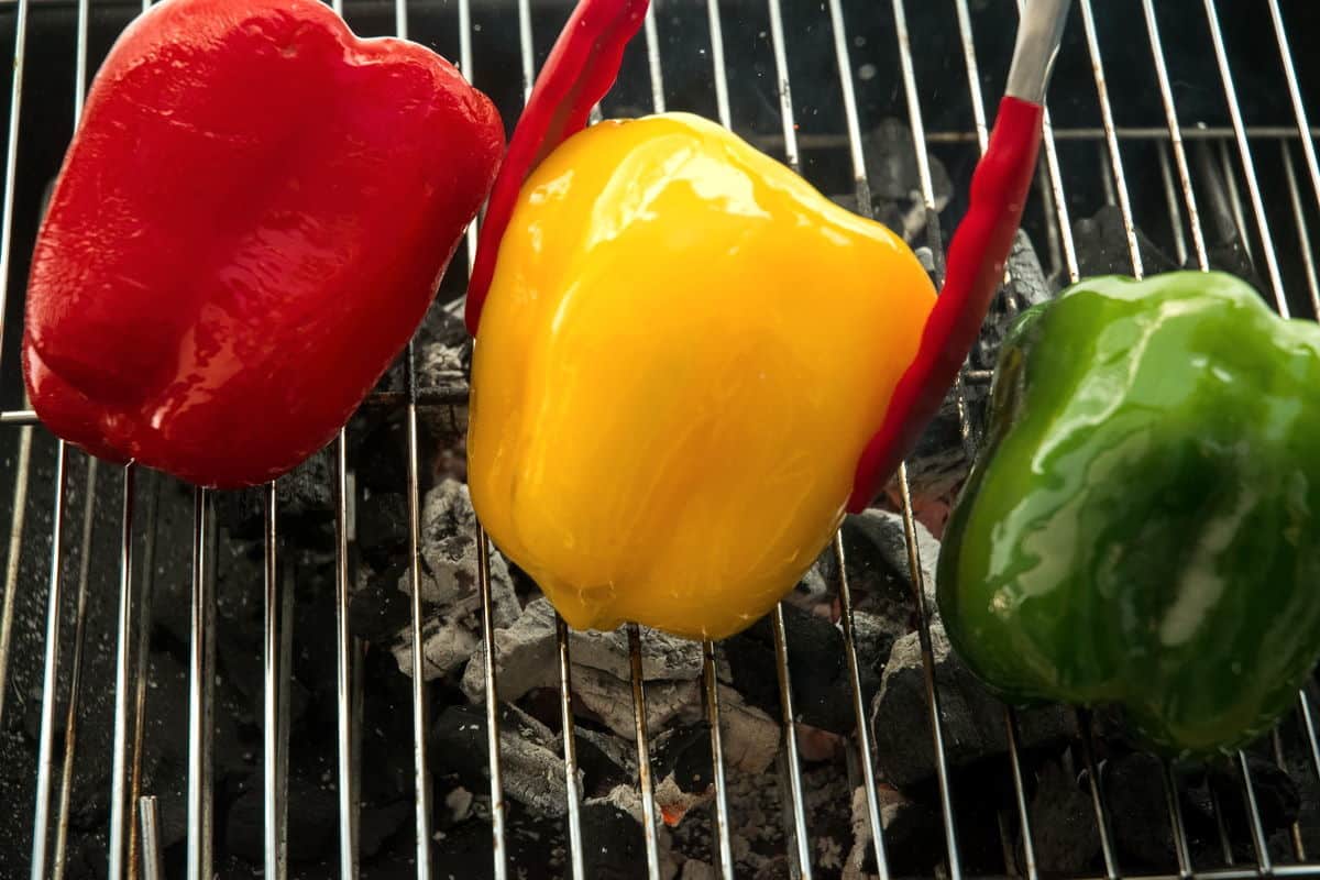 3 bell peppers on the grill.