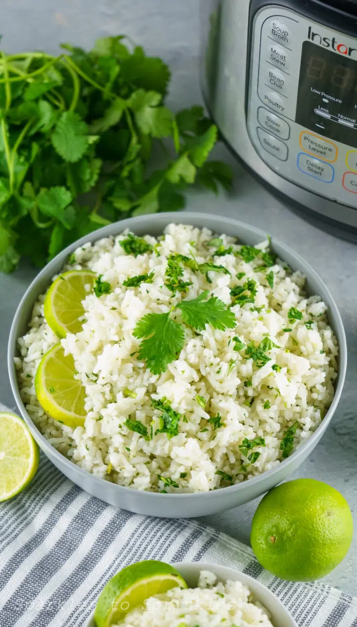 Cilantro rice in a bowl with an instapot and cilantro in the background.