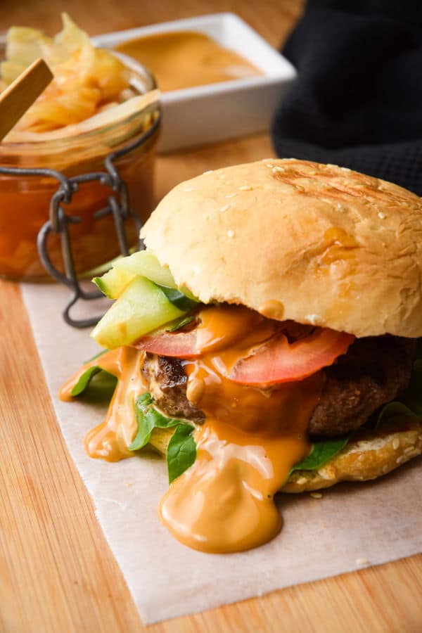 Kimchi Beef Burgers with Creamy Kimchi Sauce - In the Kitch