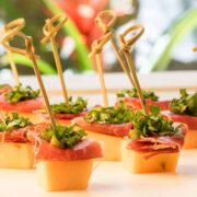 Melong, prosciutto and greens mini skewers.