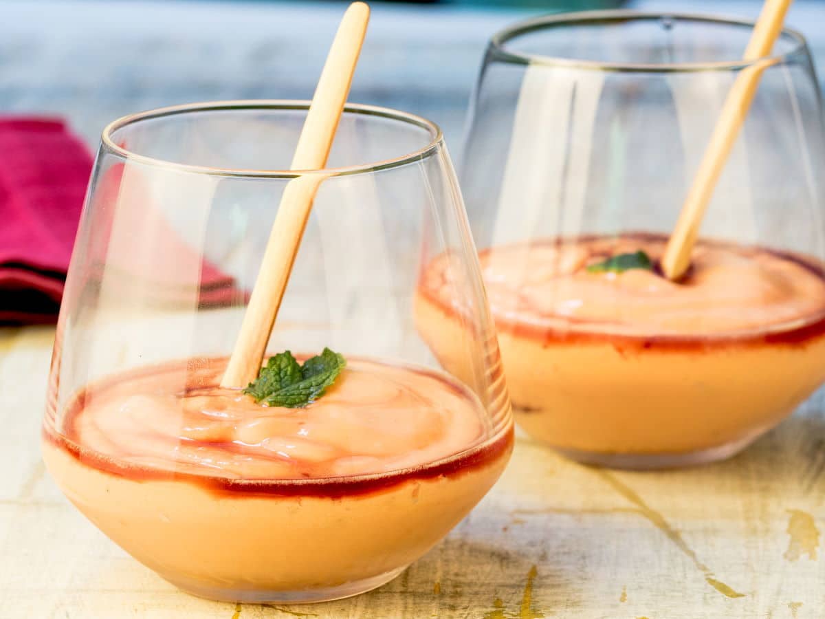 Papaya Cream with Cassis Liqueur in wine glasses.