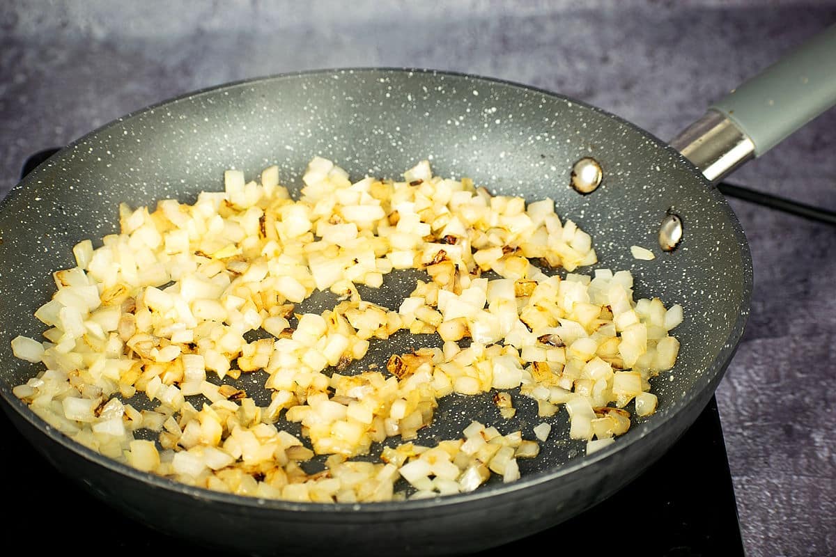 Browned onions in pan.