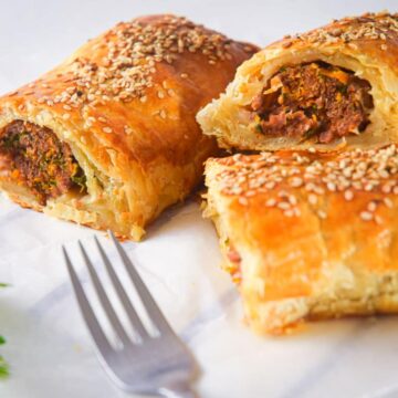 Sausage rolls cut open.