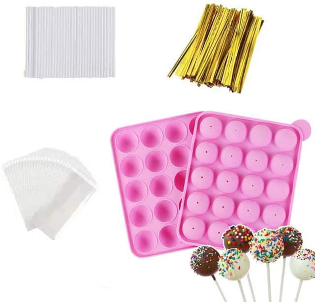 silicone cake pop mold with treat sticks and ties.