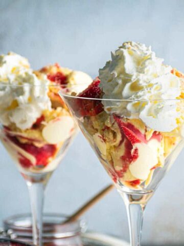 Strawberry shortcake ice cream in martini glasses.