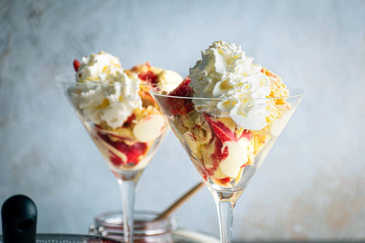 Strawberry shortcake ice cream in martini glasses.