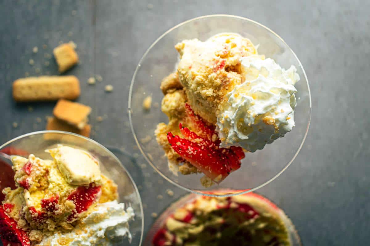 Strawberry shortcake ice cream in a martini glass.