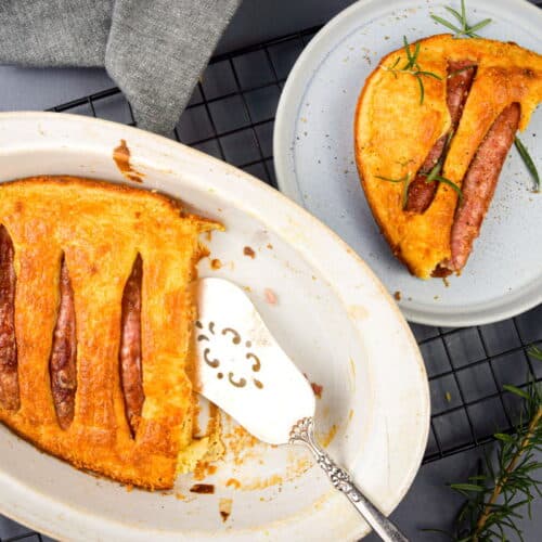 Toad in the hole in a casserole dish and on a plate.