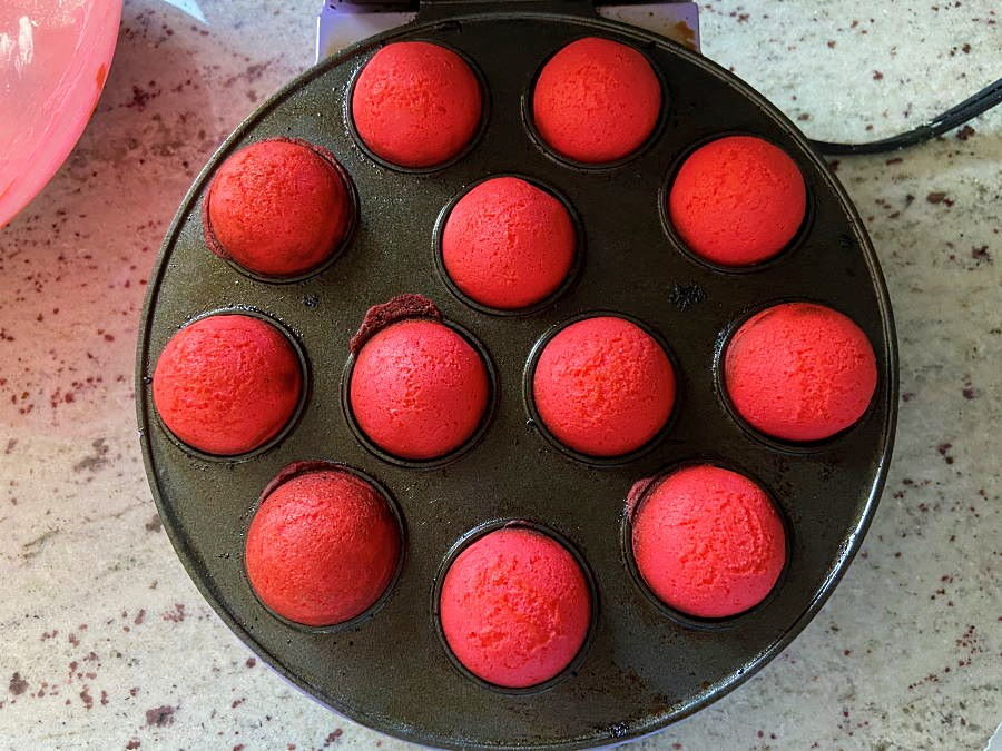 Valentines cake balls in a cake pop maker.