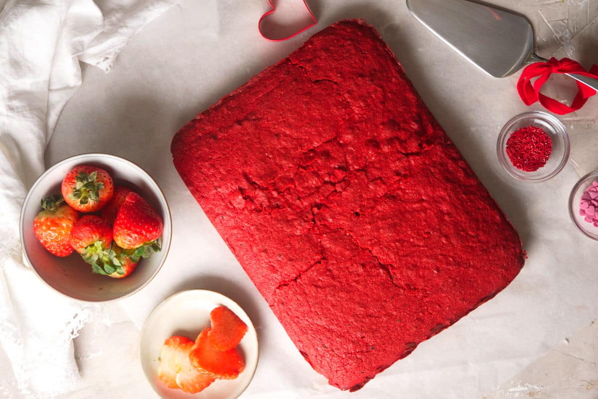 Red velvet sheet cake without frosting.