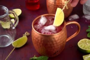 Virgin Moscow Mule in copper mug with lime wedge.