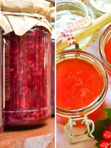 Jam and jelly side by side in jars.