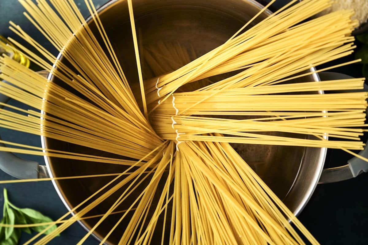 Angel hair pasta in pot.