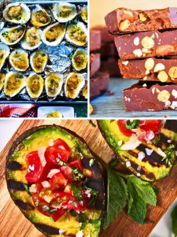 Image collage of aphrodisiac recipes including oysters, chocolate and avocado.