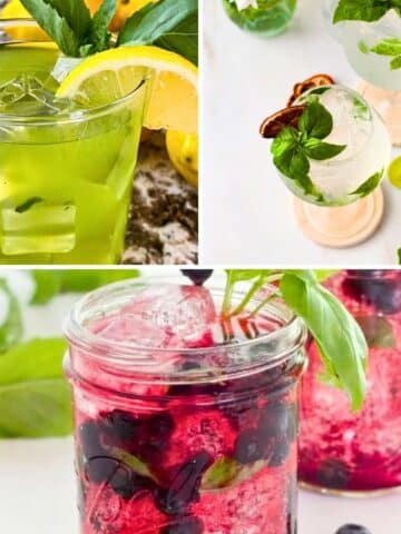 Image collage of basil cocktails.