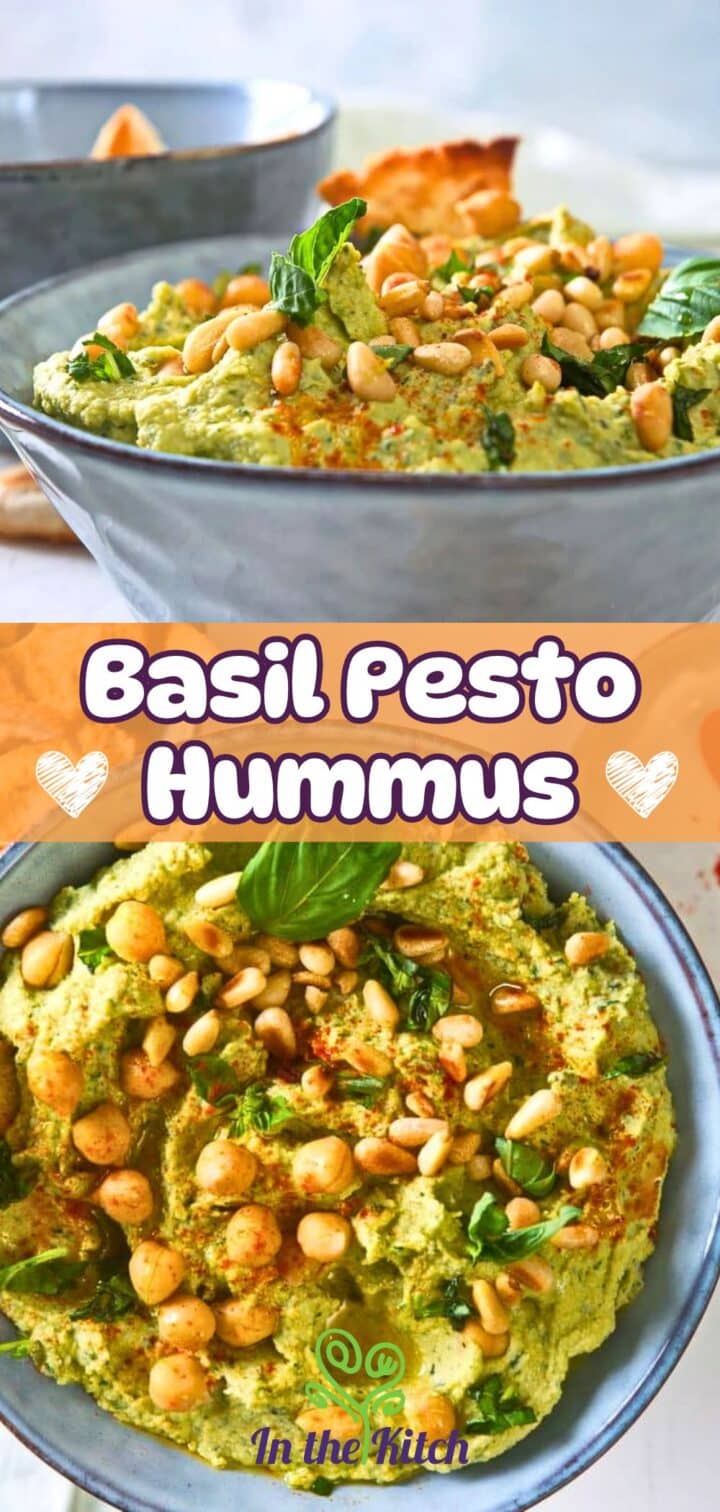 Images of basil hummus in bowl with text overlay that says 'Basil Pesto Hummus'.
