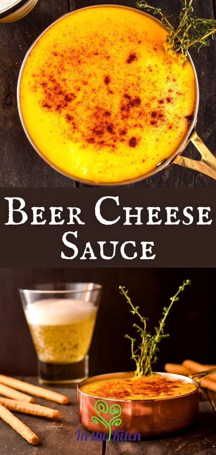 Image of beer cheese sauce, breadsticks and beer and text overlay that says 'Beer Cheese Sauce'.