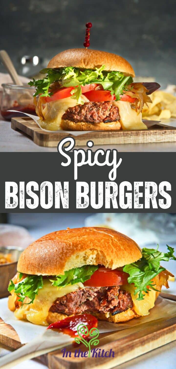 Pictures of bison burgers with text overlay that says 'Spicy Bison Burgers'.