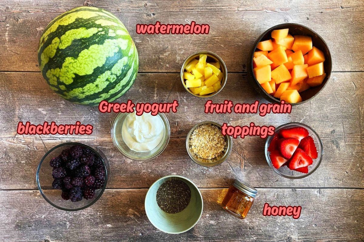 Blackberry watermelon smoothie bowl ingredients labeled.