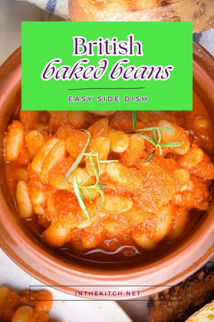 Baked beans in dish with text overlay that says 'British baked beans - easy side dish'.