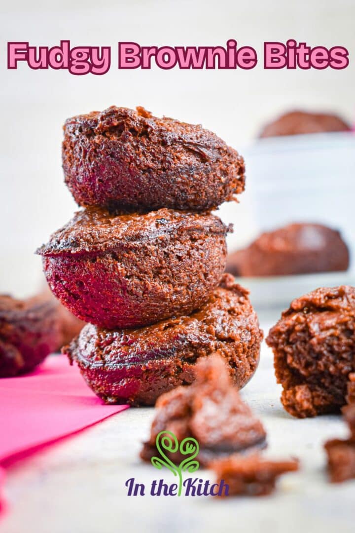 Stacked brownie bites with text overlay that says 'Fudgy Brownie Bites'.
