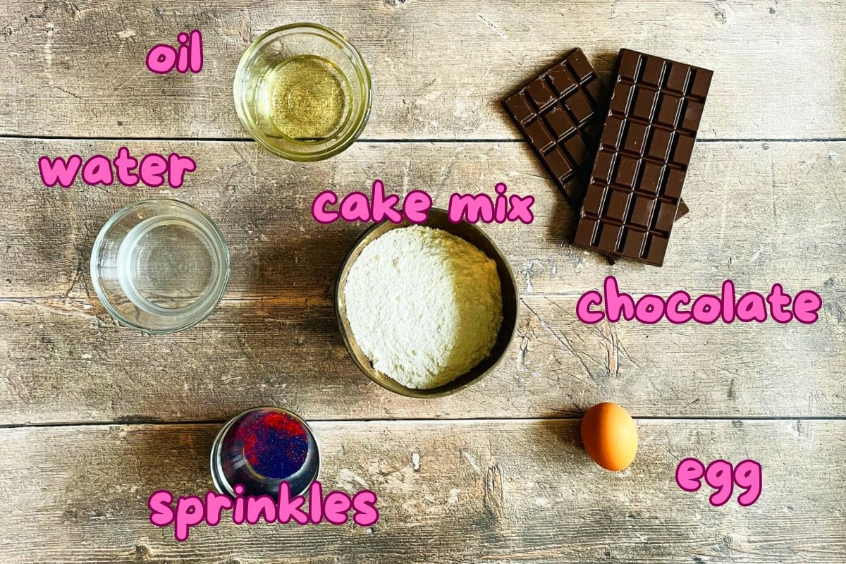 Cake pop mold recipe ingredients prepped and labeled.
