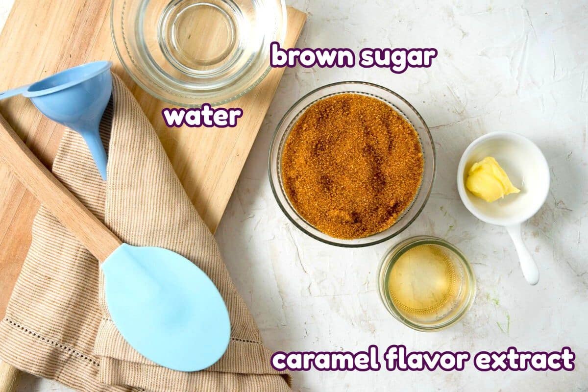 Caramel coffee syrup ingredients prepped and labeled.