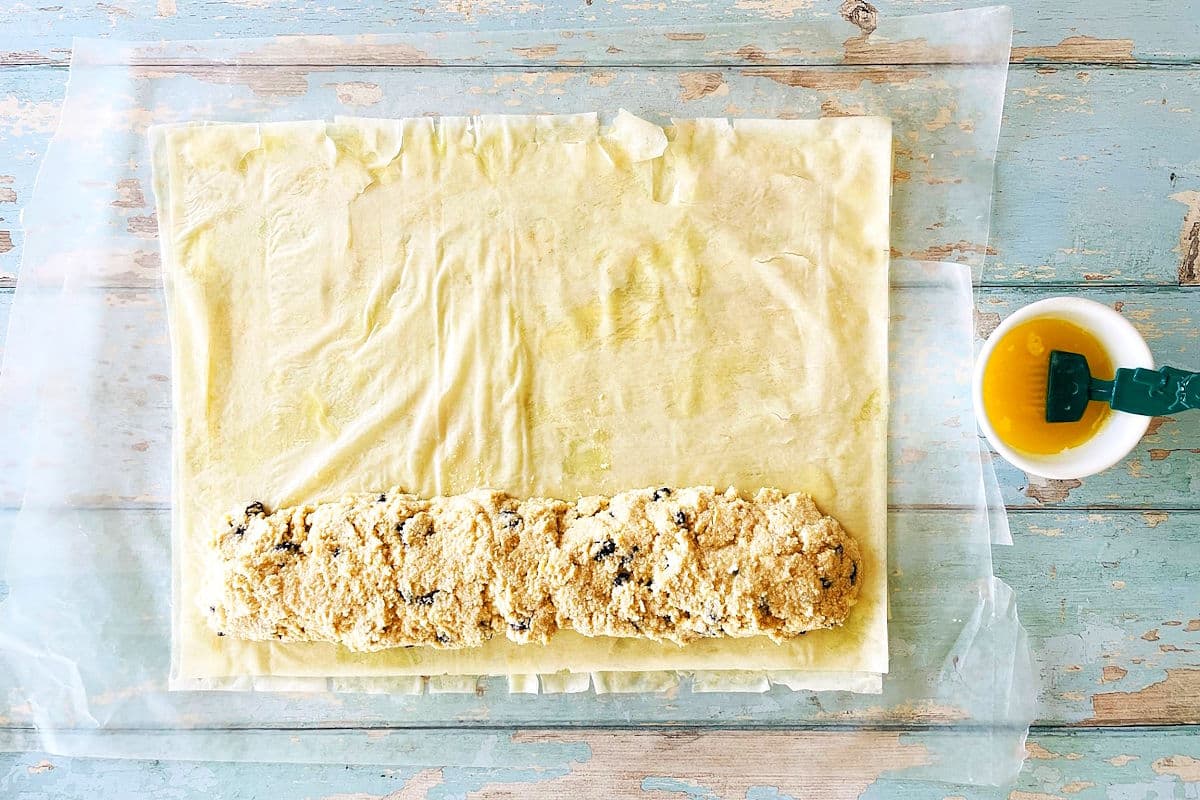 Phyllo pastry sheets with cheese strudel filling.