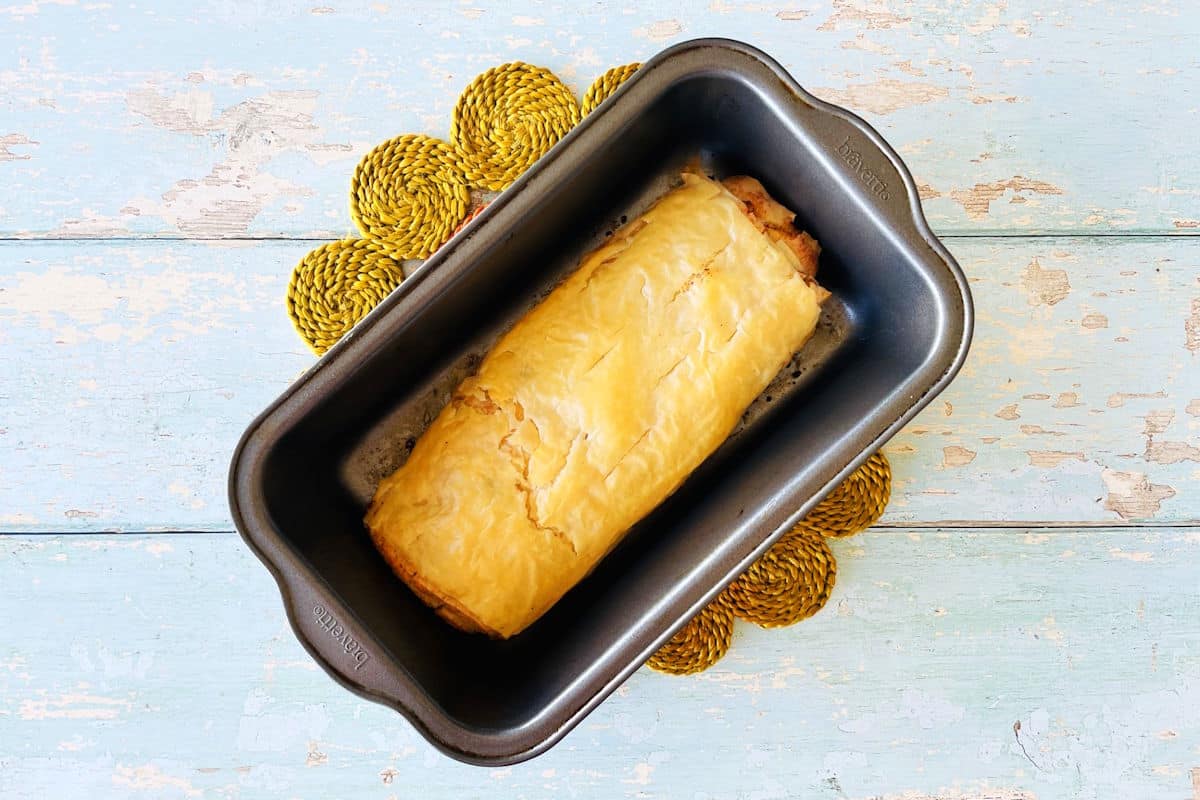 Baked cheese strudel in loaf pan.