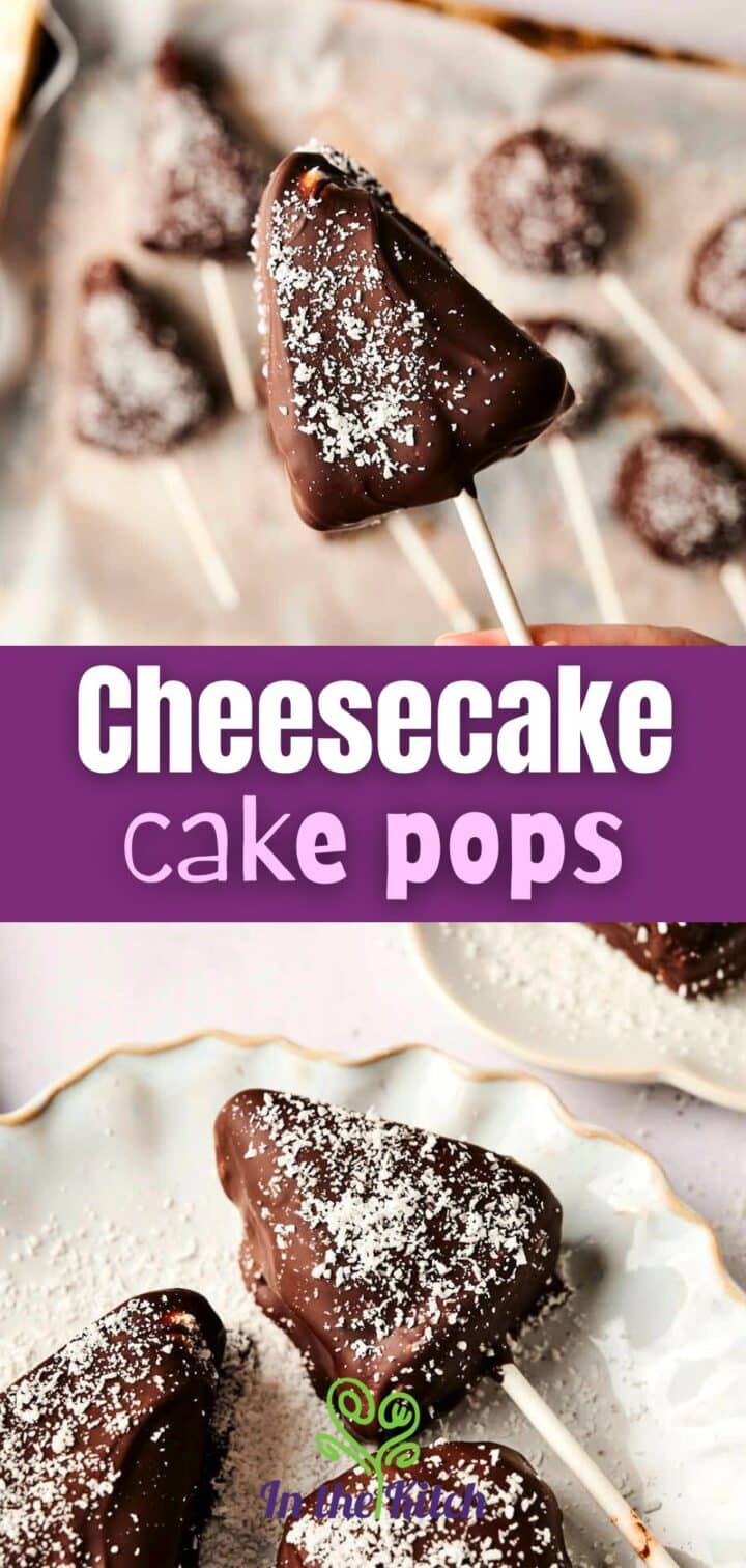 Cheesecake cake pop triangles and balls with text overlay that says 'cheesecake cake pops'.