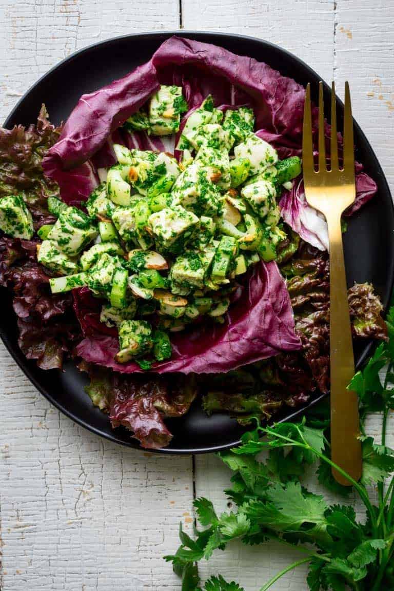 Chimichurri chicken salad on black plate with a fork.