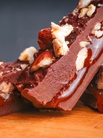 Chocolate caramel bars with hazelnuts.