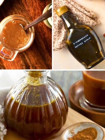 Collage of coffee syrups.