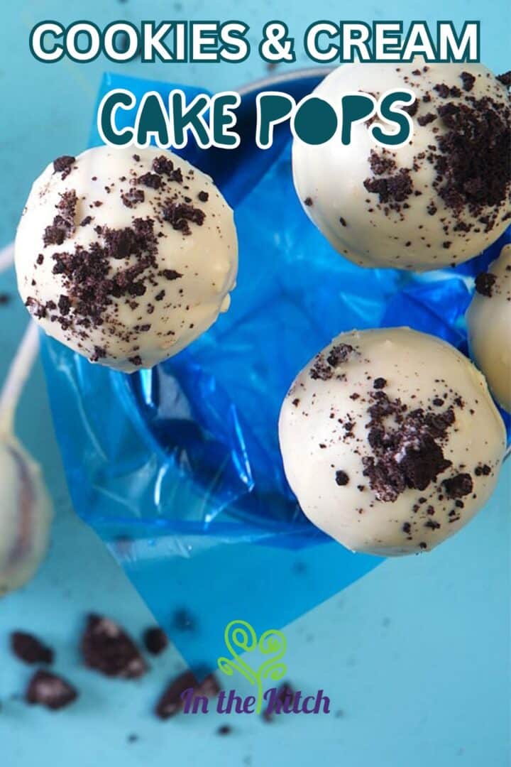 Cookies and cream cake pops in a decorative, blue, mini pail.