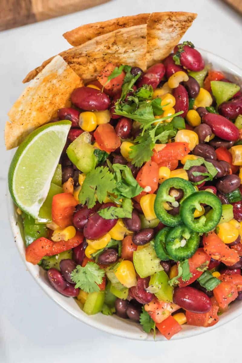 Cowboy caviar in a white bowl.