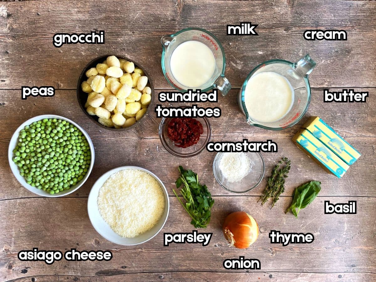 Creamy tomato gnocchi with pea puree ingredients labeled.