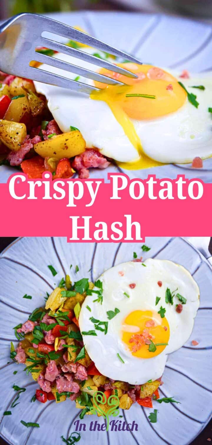 Breakfast hash with sausage, potatoes and eggs and text overlay that says 'Crispy Potato Hash'.