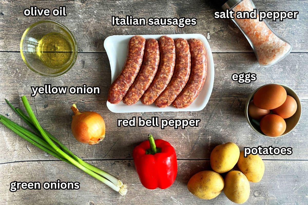 Electric skillet breakfast hash ingredients labeled on wooden background.
