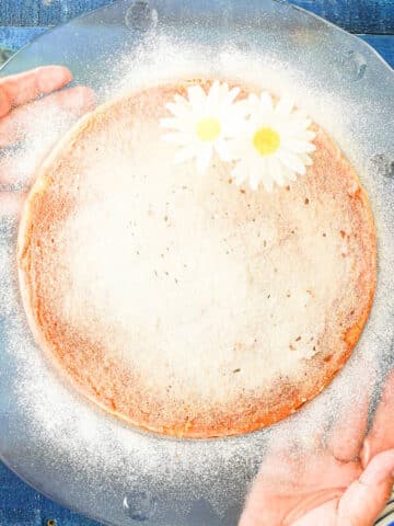 Yogurt cake on clear plate held by hands.