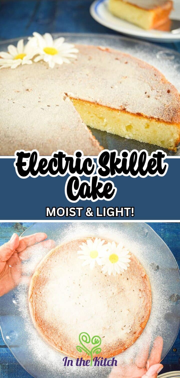 Images of yogurt cake with text overlay that says 'Electric Skillet Cake - Moist & Light!'.