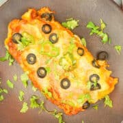 Electric skillet chicken enchiladas on brown plate.