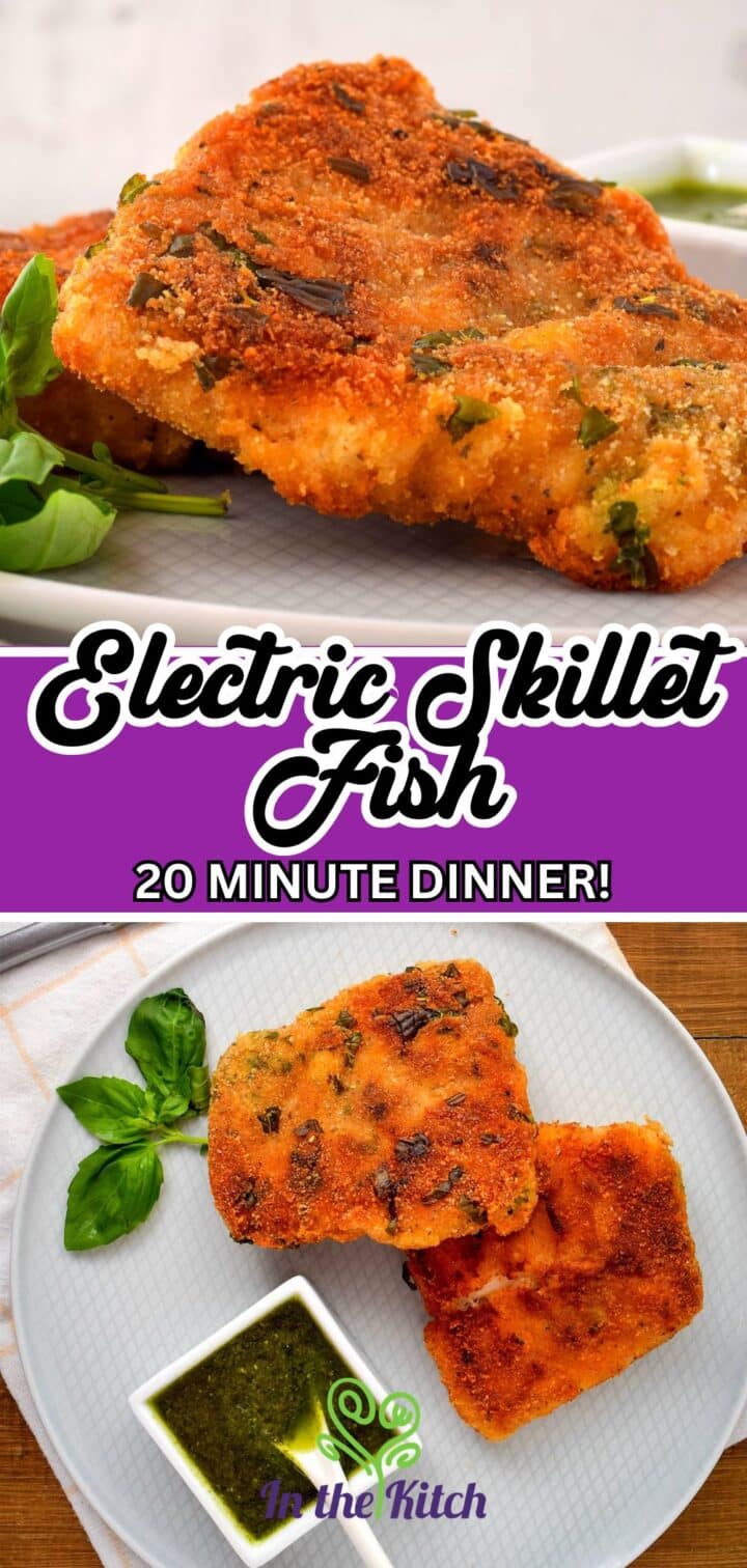 Images of fried fish fillets with text overlay that says 'Electric Skillet Fish - 20 minute dinner'.