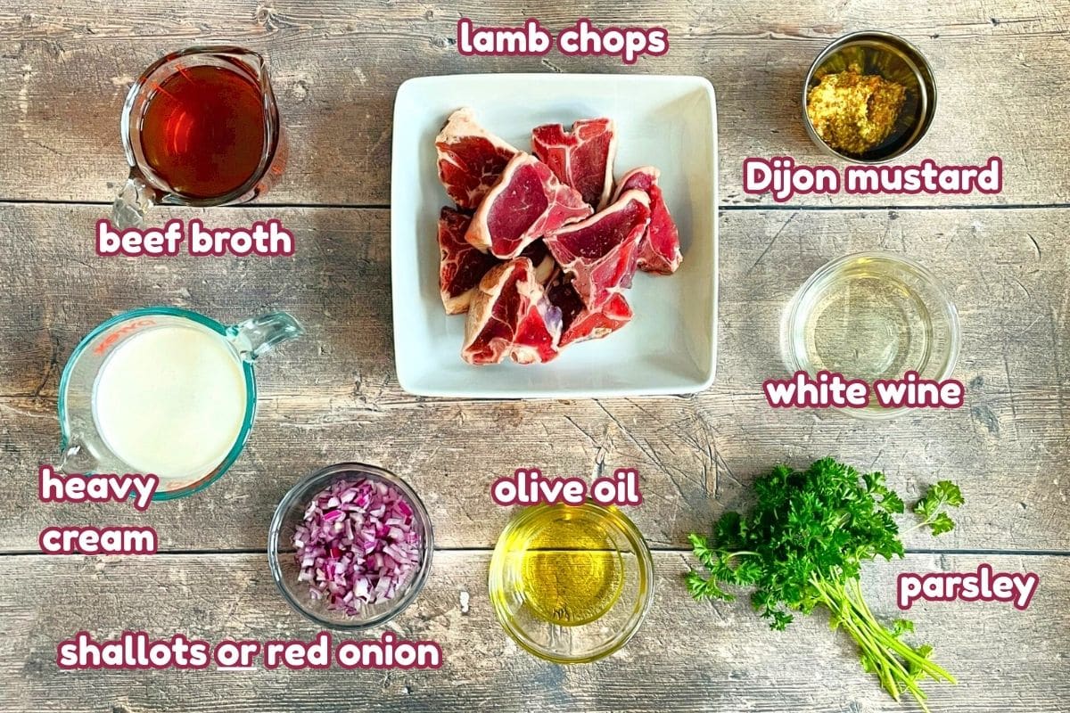 Skillet lamb chops ingredients prepped and labeled.