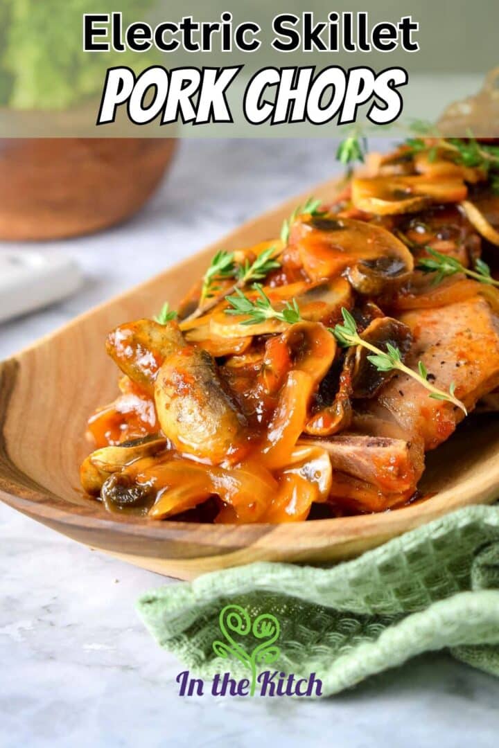 Pork chops in beer gravy with text overlay that says 'Electric Skillet Pork Chops'.