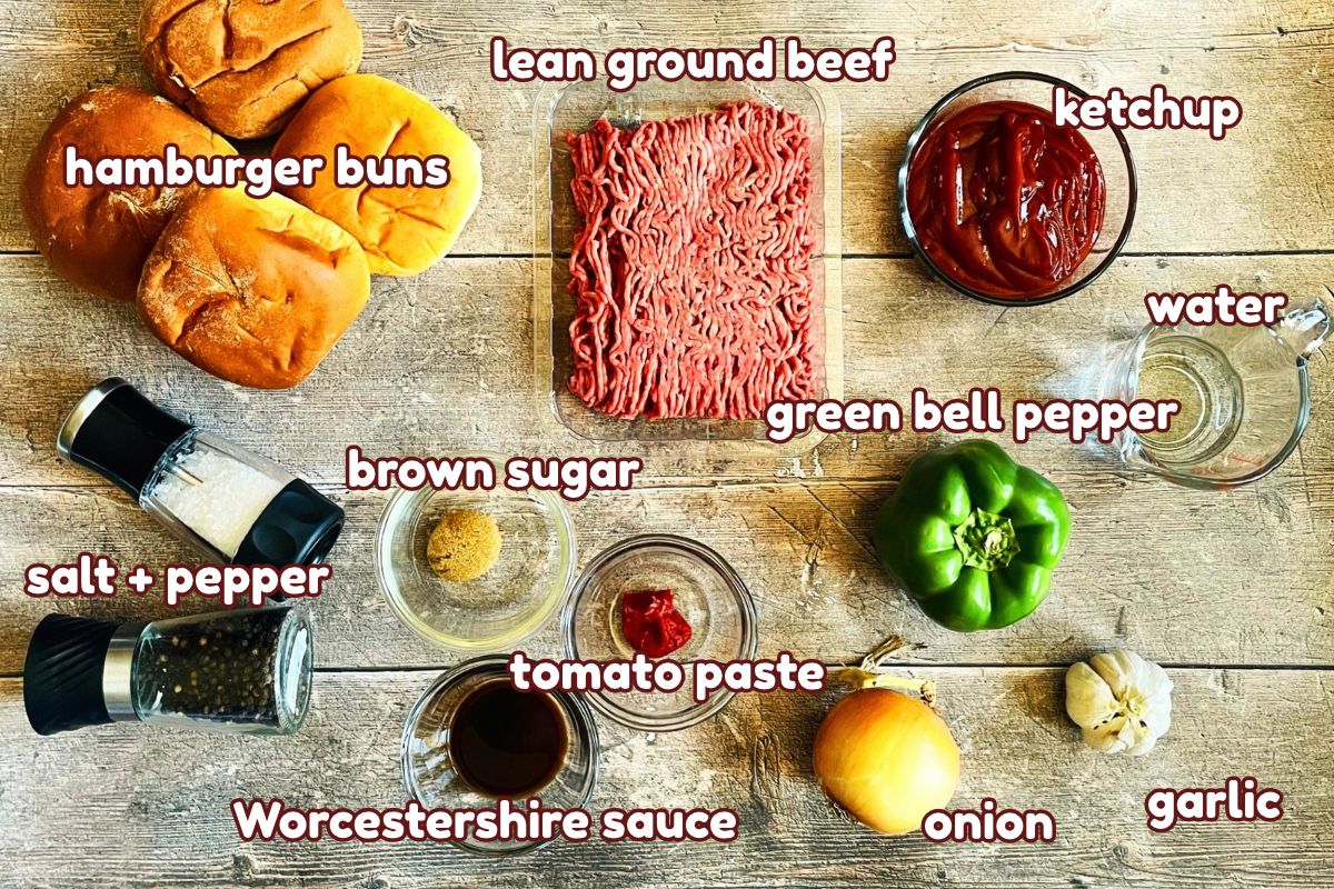 Sloppy Joe ingredients labeled on wooden background.