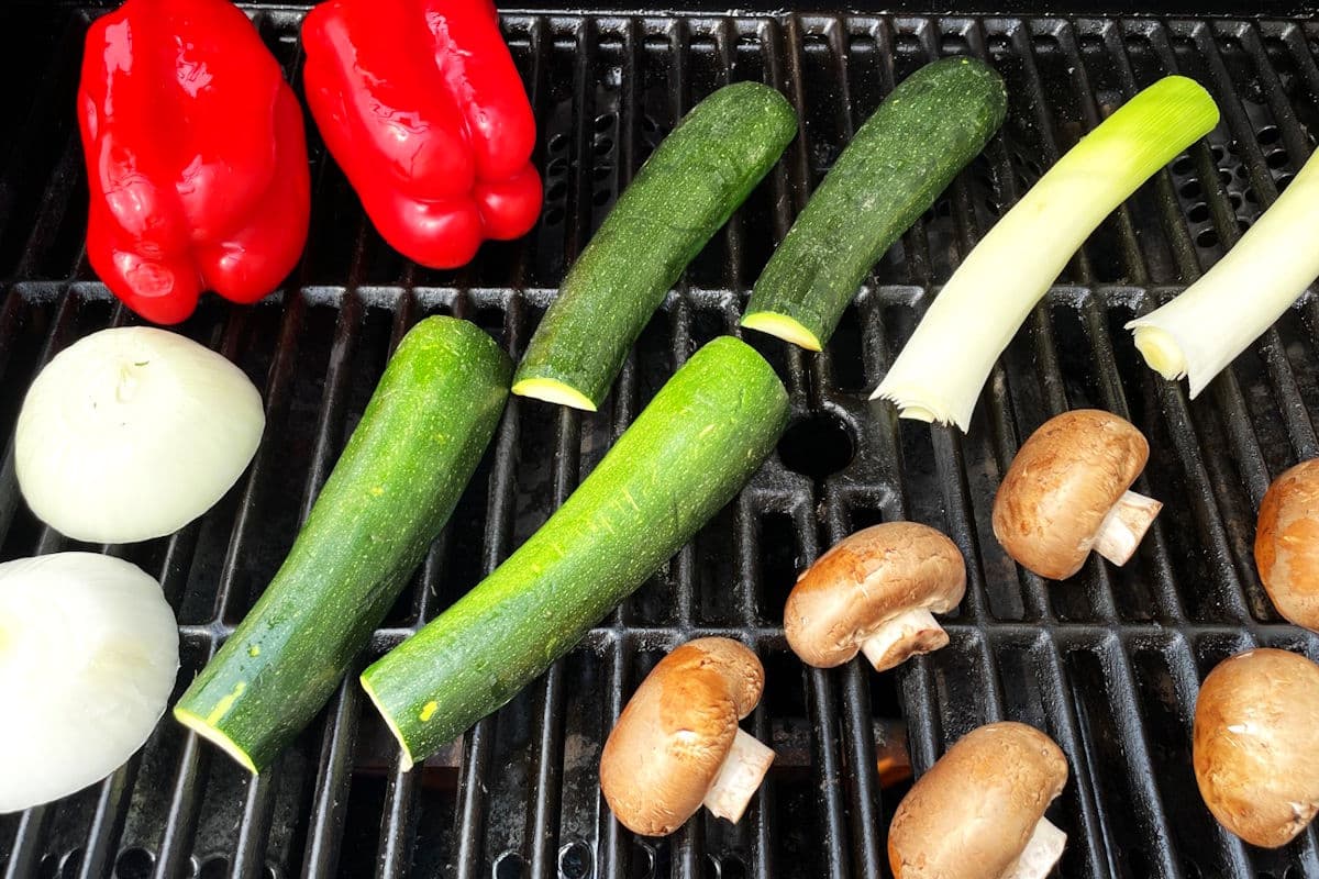 Various vegetables on the outdoor grill.
