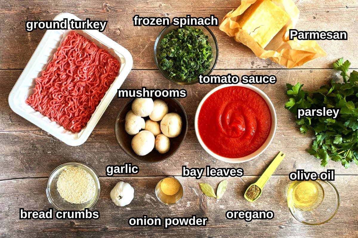 Frozen turkey meatballs and tomato sauce ingredients labeled.